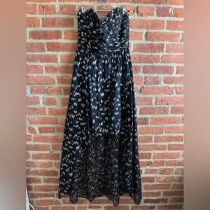 Max & Cleo Black and Gold Shimmer High Low Strapless Dress. Size 4.